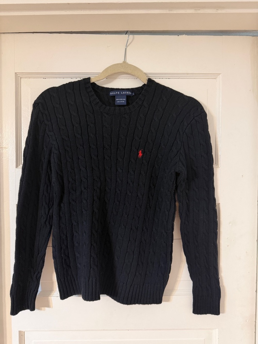Ralph Lauren Men’s Black Cable-Knit Crewneck Sweater with Red Pony